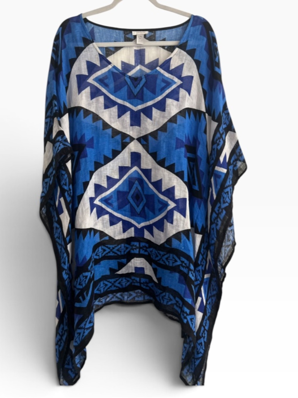 Chico’s 100% Linen Geometric Poncho Blouse Blue Southwestern Tribal Kaftan L/XL
